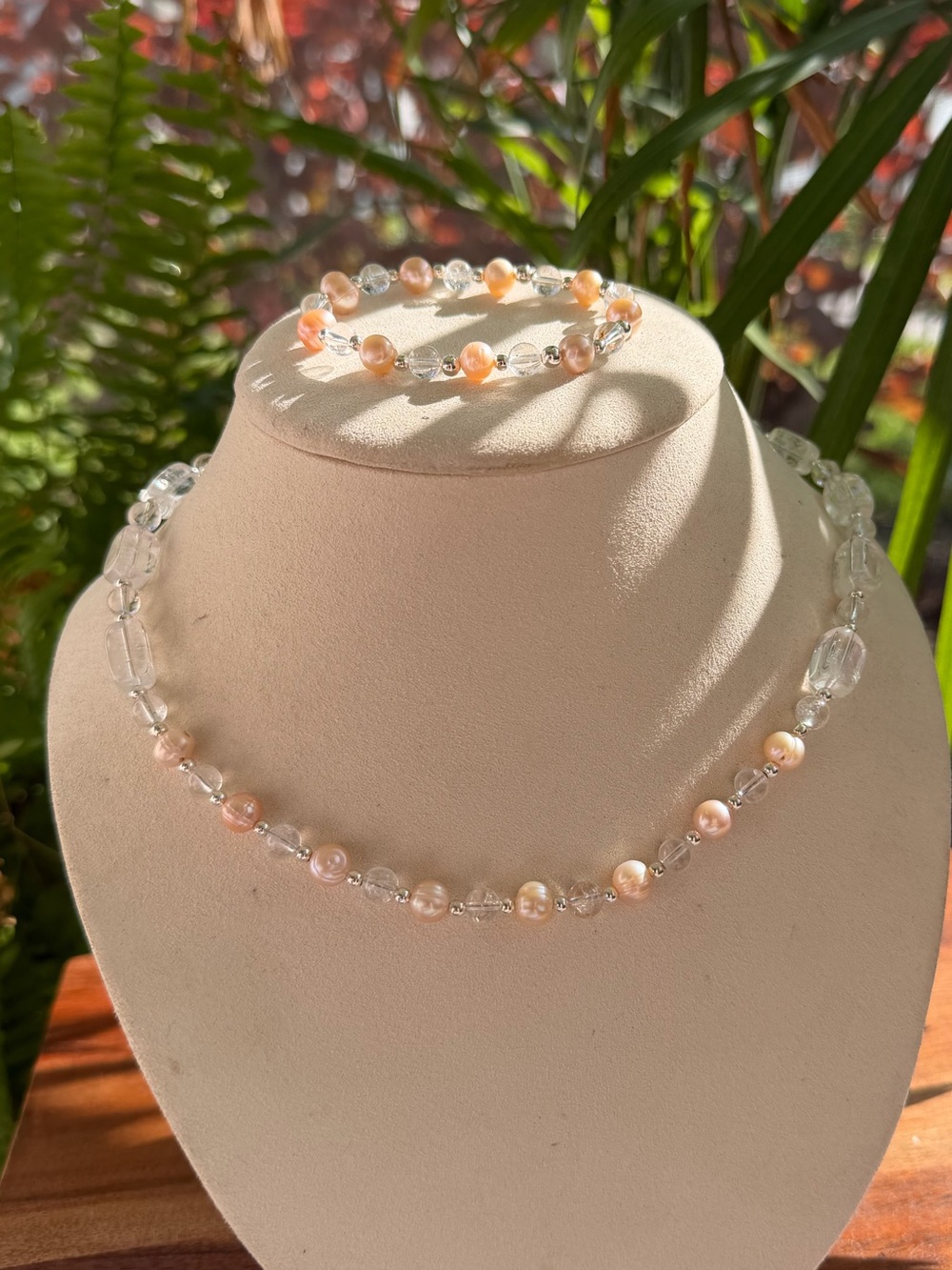 Freshwater Pearl and Clear Crystal Necklace & Bracelet Set - Pink Pearls
